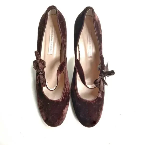 Rebecca Taylor Velvet Mary Jane Heels with Bow Romantic Fall Holiday Party Pumps - Picture 3 of 16